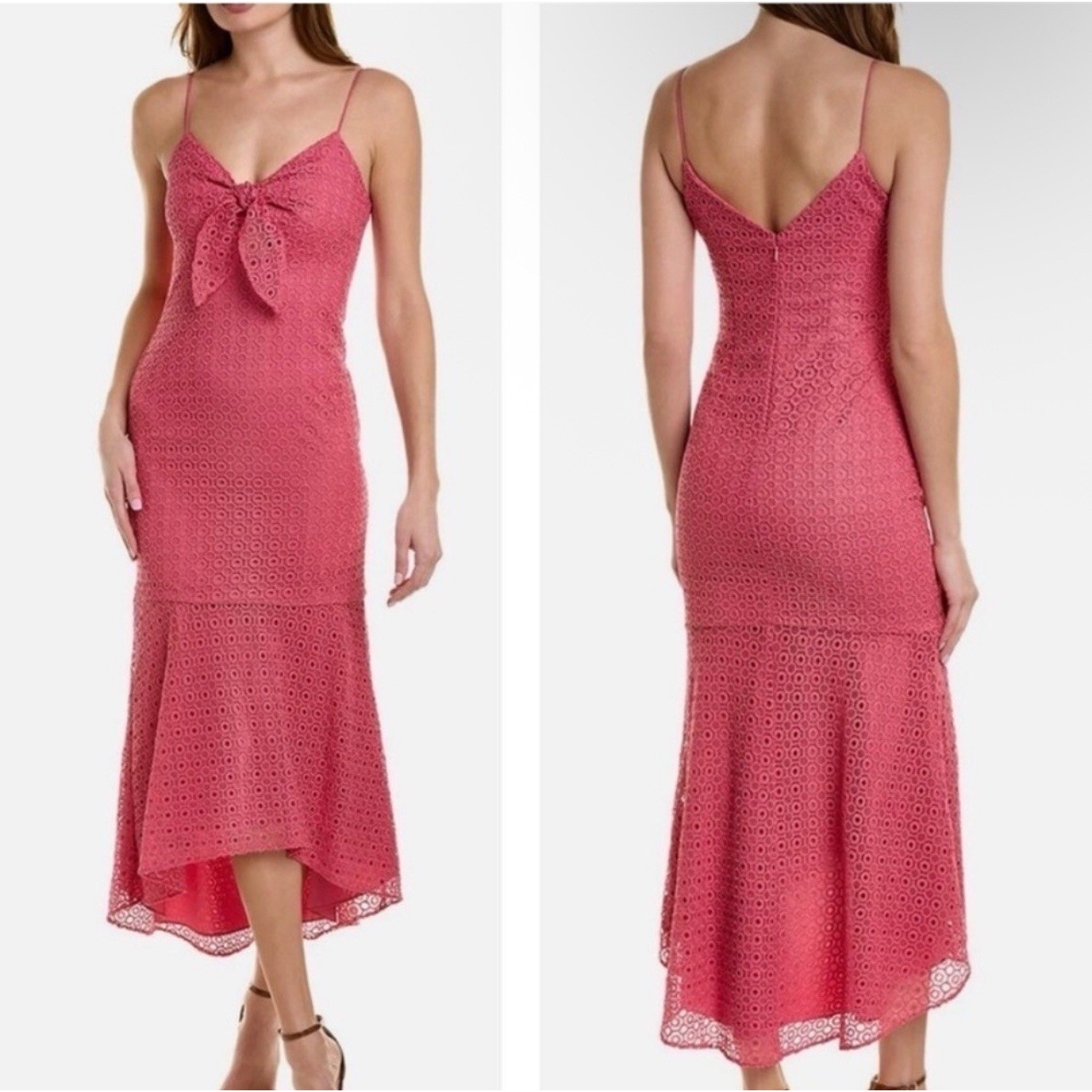Nwt Aidan Mattox Midi Dress Size 4 Lace Crochet Pink Ruffle Hem Tie Front